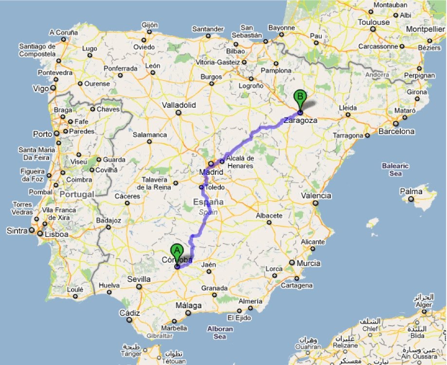 Map of Spain with my route to Zaragoza highlighted