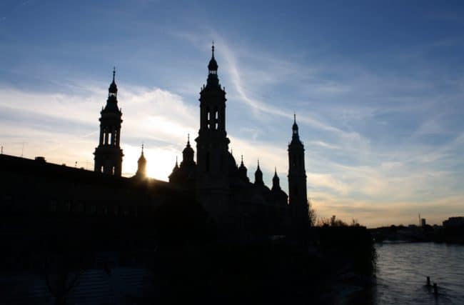 Basilica at sunset along the Ebro River